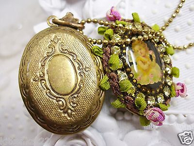 NEW Michal Negrin Cherub Locket Pendant Necklace with Ribbon flowers & crystals