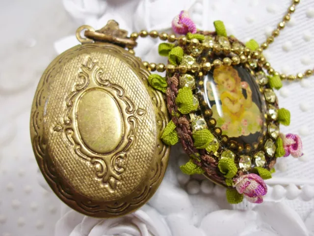 NEW Michal Negrin Cherub Locket Pendant Necklace with Ribbon flowers & crystals