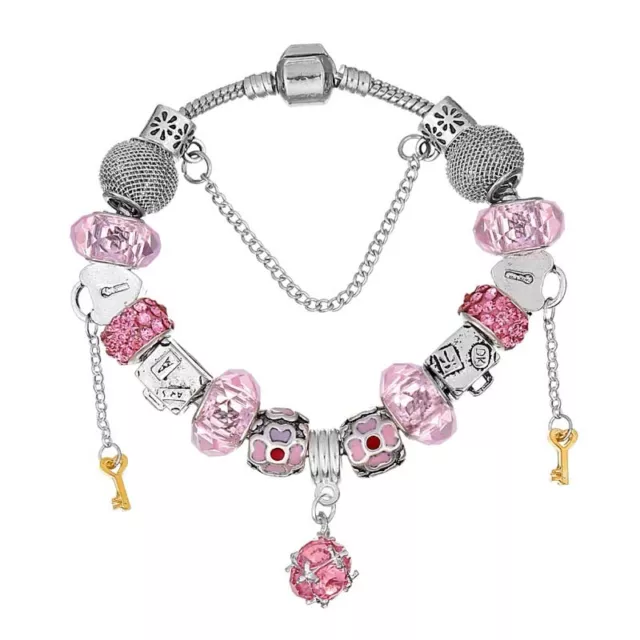 WOW Argent Rose Fleur Or Clé Verrouille Perles Murano Charme Bracelet Européen