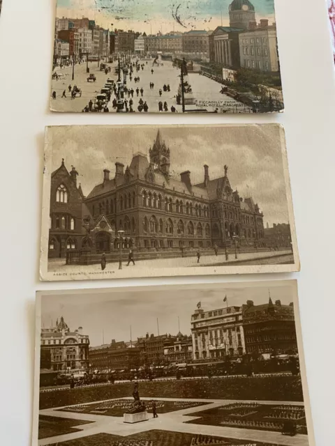 3 Vintage Postcards MANCHESTER PICCADILLY GARDENS - ASSIZE COURTS - 1920s & 30s