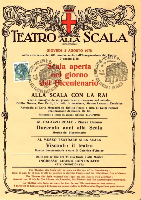 Teatro alla Scala di Milano/Bicentenario 3 agosto 1978 annullo postale