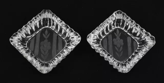 2 Square Crystal Salt Dishes w/ Etched Flower - Maker unknown