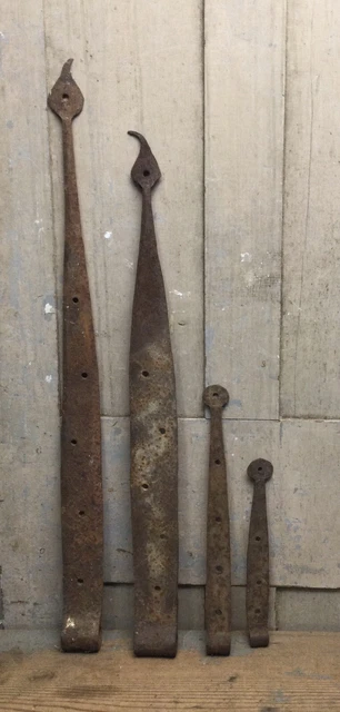 Antique Primitive Strap Hinges Barn Door Blacksmith Forged Wrought Iron Rat Tail