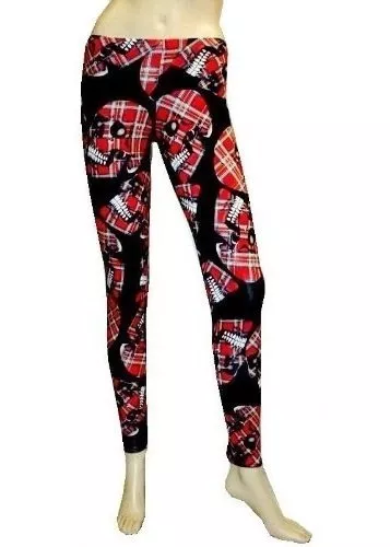 Nuovo Ragazze Donna Rosso Scozzese Teschi Stampa Leggings Goth Punk Emo
