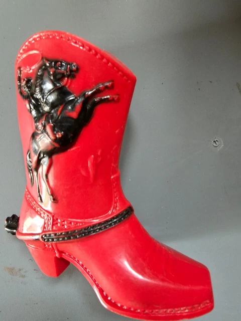 Vintage Fosta Red Plastic Western Cowboy&Cowgirl Boot Coin Bank With Spurs