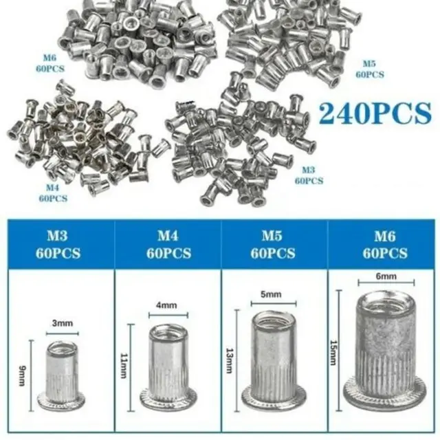 240Pcs Mixed Aluminum Rivnuts Blind Set Rivet Nut Tool Threaded Nuts M3/M4/M5/M6