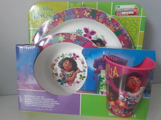Juego de cena de 3 piezas Disney Encanto.  Plato, tazón y vaso.  Micro caja fuerte. Nuevo..