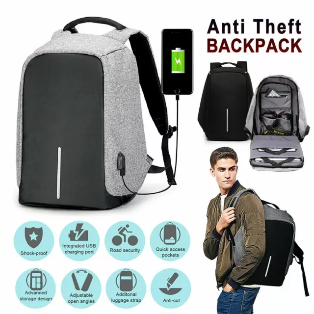 Anti Theft Backpack Waterproof Bag School Travel Laptop Bags + USB Charging Port