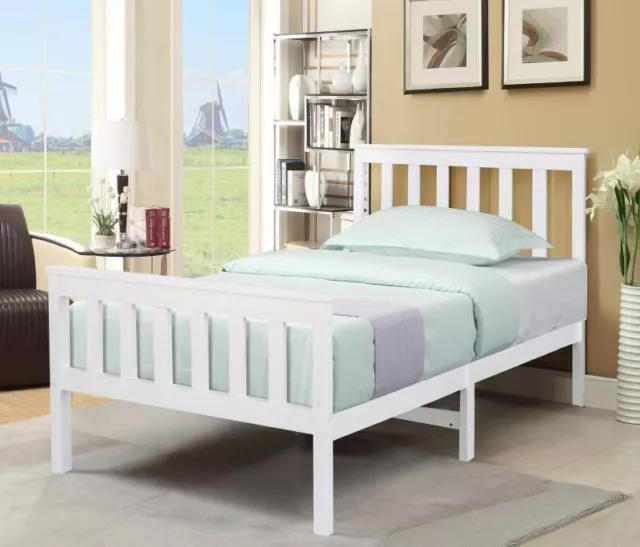 Pine Wood Bed Frame Single 3FT White Wooden Shaker Style Solid Bedroom Furniture