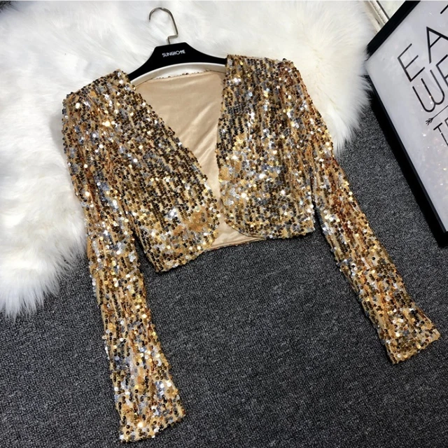Veste à Paillettes Femme - Cardigan Court Brillant, Manches Longues, Pour Soirée, Fête, Cocktail - 8