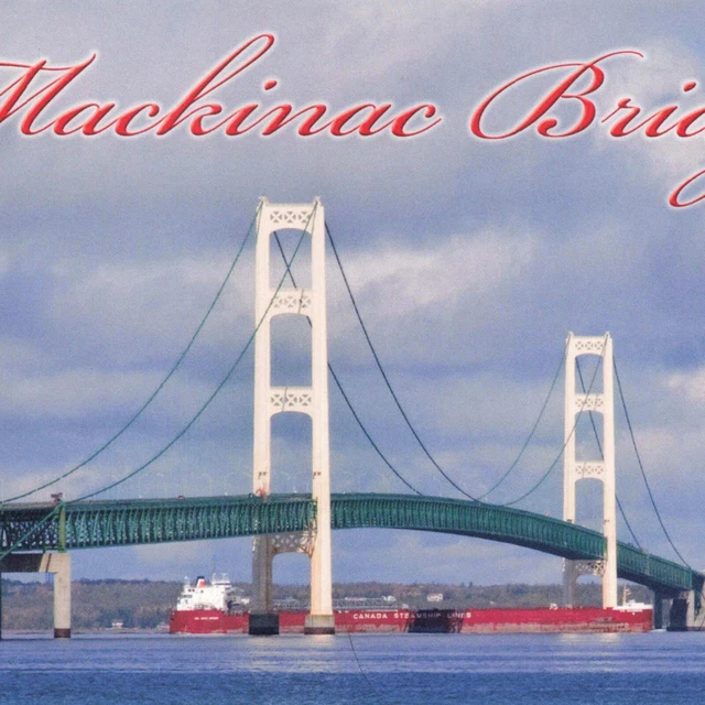 POSTCARD MI MACKINAC Island Bridge Freighter Upper and Lower Peninsulas