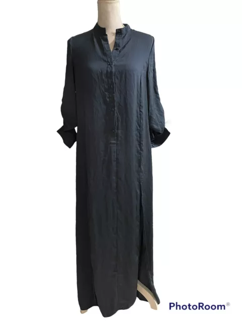 Avec Les Filles Womens Blue Satin Maxi Long Dress Roll Sleeves Size XS