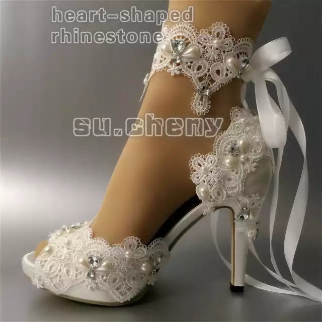 su.cheny white ivory satin rhinestone open toe ribbon ankle Wedding Bridal shoes