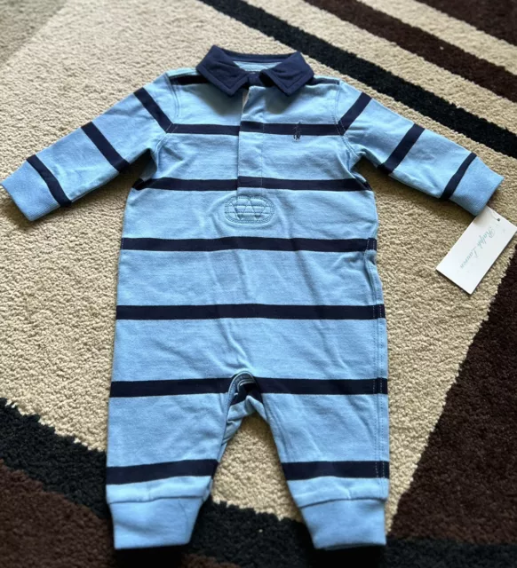 Ralph Lauren  Baby Boys Blue Striped Navy Pony One Piece Outfit Size 3M  Nwt