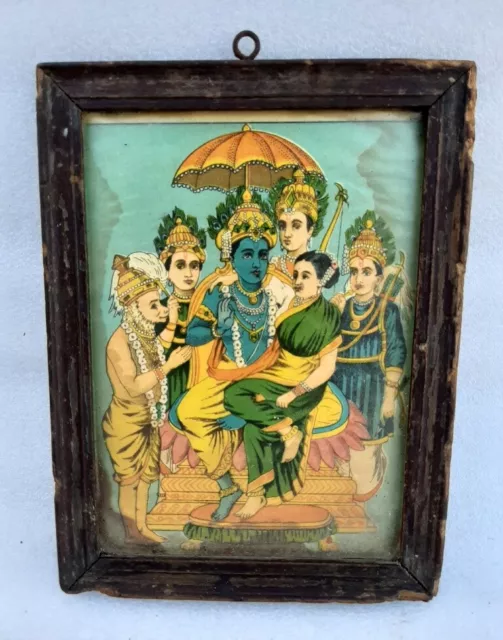 Vintage Old Rare Hindu God Ram With Sita In Rampanchayt Holy Worship Litho Print