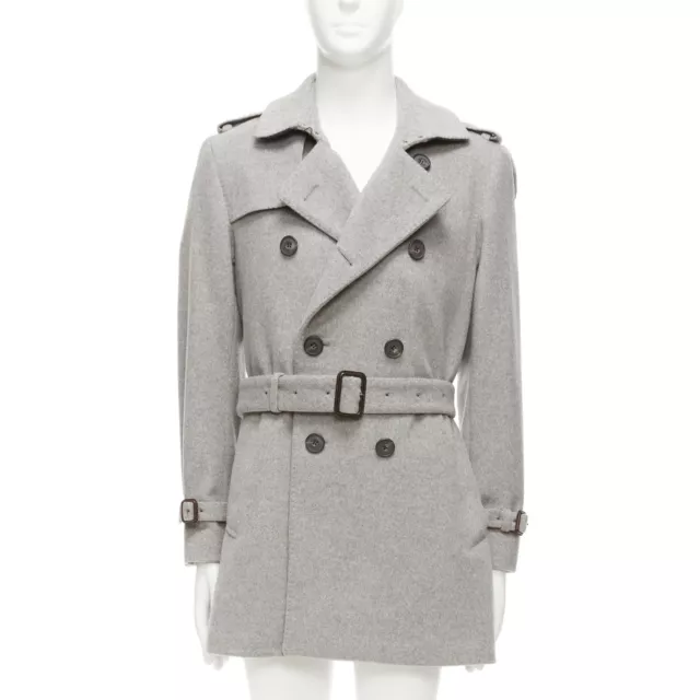 BURBERRY grey virgin wool cashmere logo horn button trench coat IT48 M