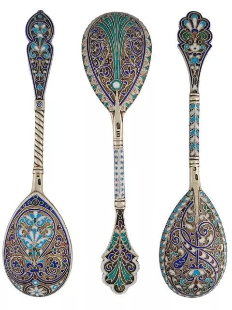 3 Elaborate Russian 88 Silver Spoons w/ Incredible Cloisonne Enamel signed AK