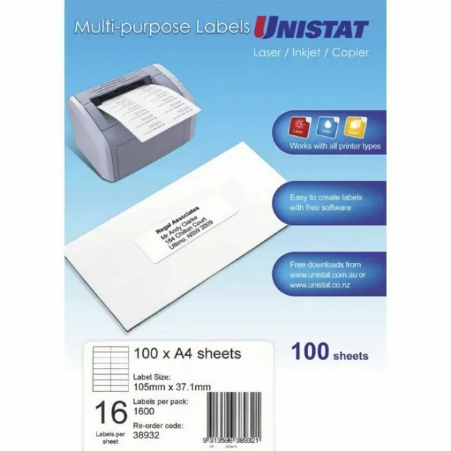 3 x    Unistat 38932 Multi Purpose Address Labels InkJet Laser 16 UP 100 Sheets