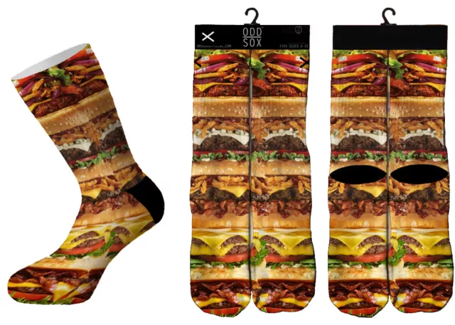 Odd Sox Cheese Burger Stack Fast Food Sublimated Crew Socks 6-13 NWT