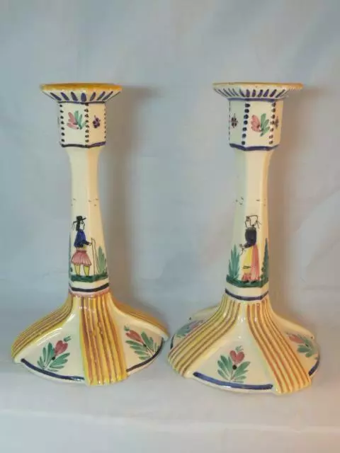 PAIR HB QUIMPER FAIENCE ART DECO CANDLESTICKS BRETON MAN & WOMAN DECOR c1930's