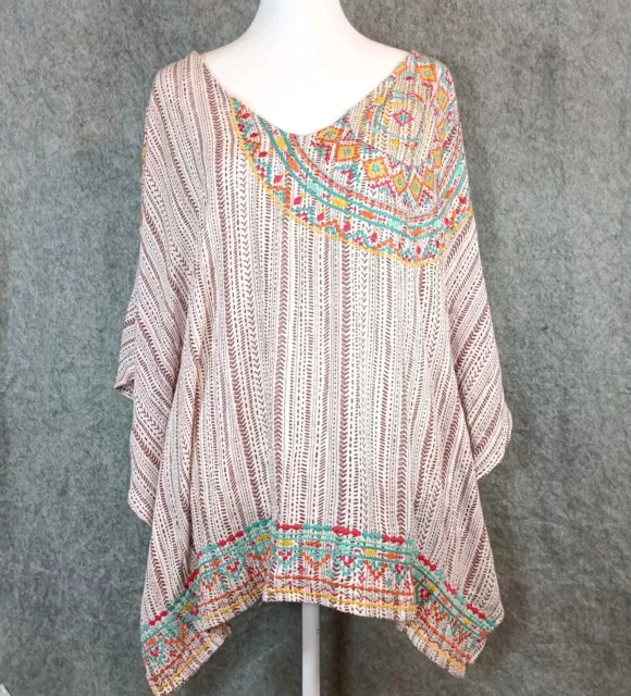 Savannah Jane Embroidered Tunic Top Women's S/M Bat Wing/Kimono Sleeve V Neck