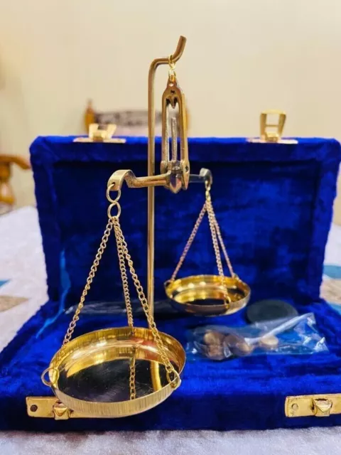 Blue Antique Brass Polished Balance Scale with Velvet Box with Weights Jewelry