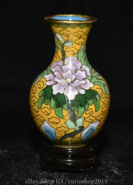3.6 " Rare China Yellow Cloisonne Enamel Gilt Dynasty Peony Flower Bottle Vase