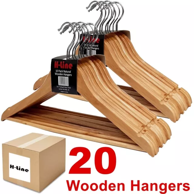 20 X Wooden Coat Hangers Suit Garments Clothes Wood Hanger Trouser Bar Set