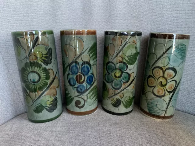 Set of 4 Tall Hand Painted Ceramic Tea Cups - "Mexico" Floral Handleless Pottery