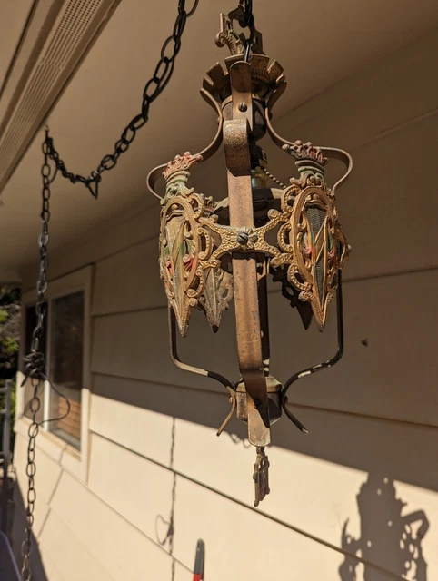 Antique Vintage Cast Aluminum  Metal Hanging Lamp Gothic Revival