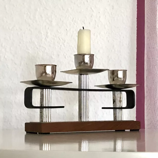 Alt Vintage 60er Leuchter 3flammig versilbert Kerzenständer Teakholz Teak Rar