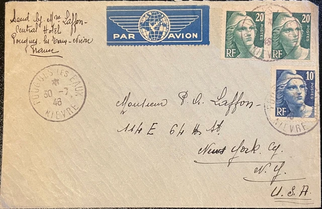 1946 France #549,#551(2) on cover, Pougues Les Eaux to US  *d