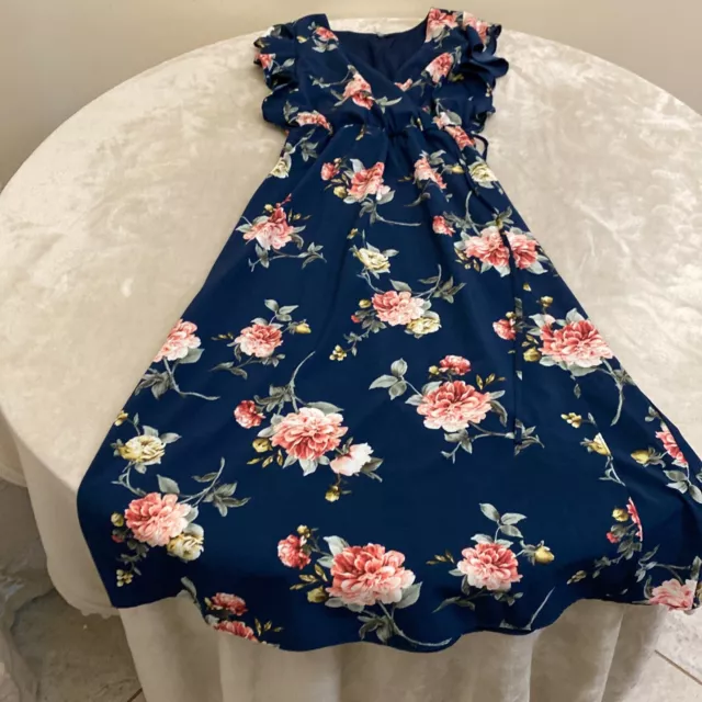 Soprano Womens Navy Blue Floral V-Neck Short Sleeve Fit & Flare Dress Size XS