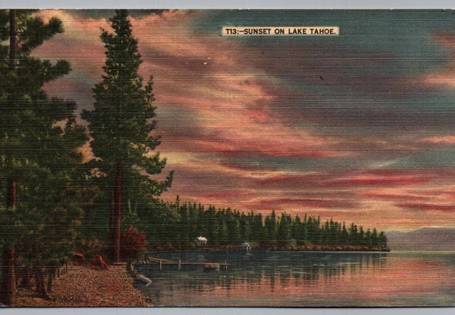 Lake Tahoe Postcard Sunset Vintage Linen 1948 Posted Nevada California
