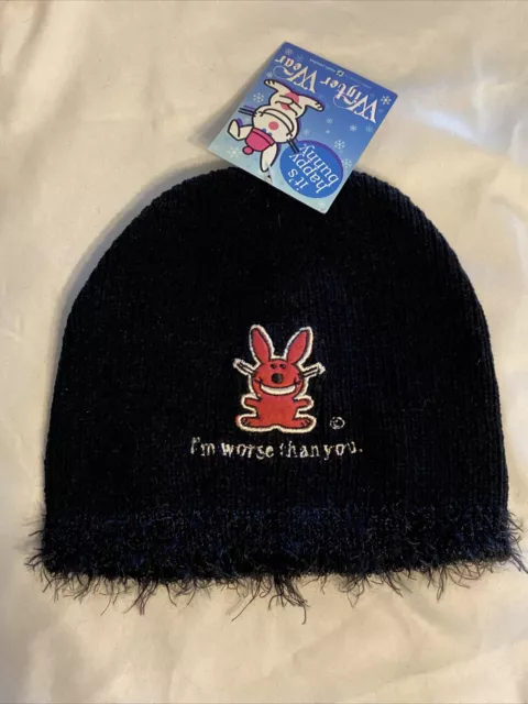 It’s Happy Bunny I’m Worse Than You Black Beanie Hat Winter Wear Vintage