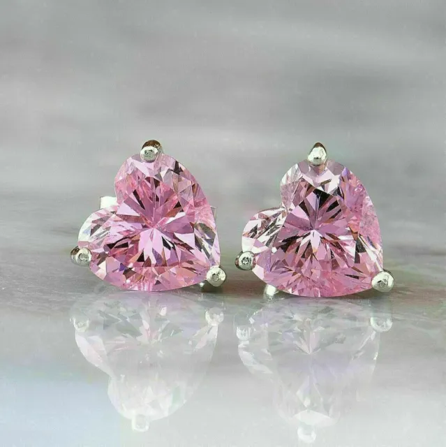 14K TWO MICRON White Gold 1.50 Ct Heart Pink Sapphire Lab-Created Stud ...