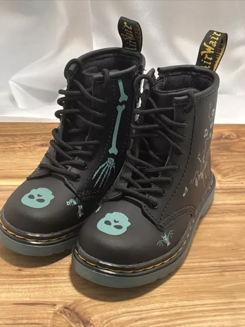 Dr. Martens Leather Combat Black Boots Teal Skeletons Toddler 1460T Size 8 - NEW