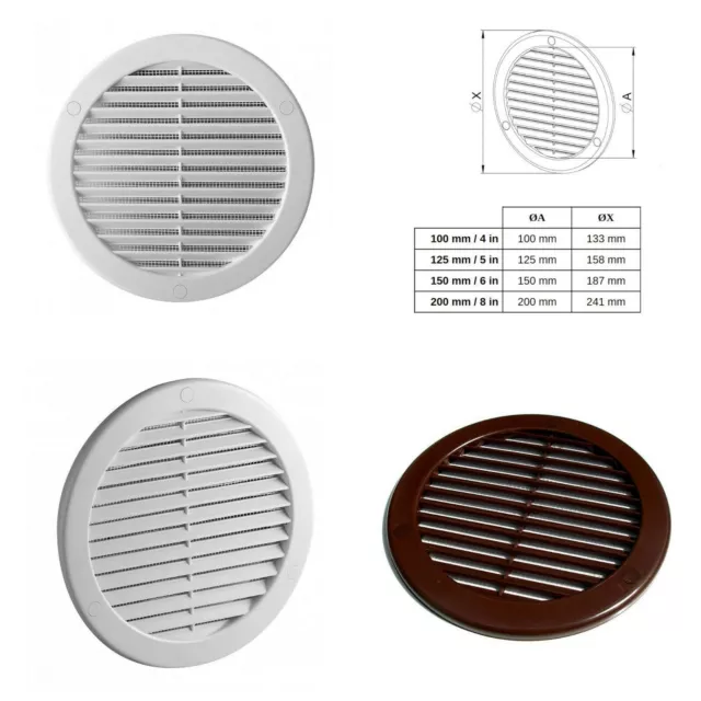 Round Air Vent Grille With Fly Screen Flat Back And Screw Covers Duct Cover