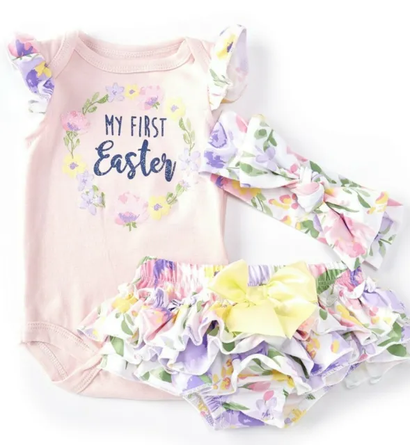 Baby Starters Baby Girl's 3-Piece My 1st Easter Floral Ruffled Bloomer Set-NB