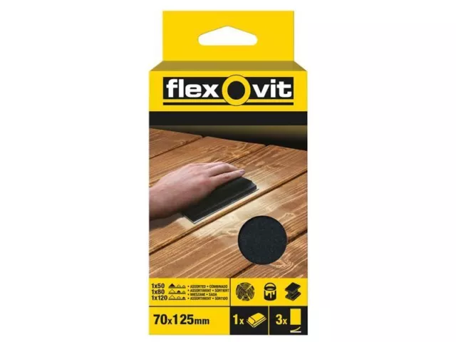 Flexovit - Kit de bloques de lijado de gancho y bucle surtidos 70 x 125 mm (3)