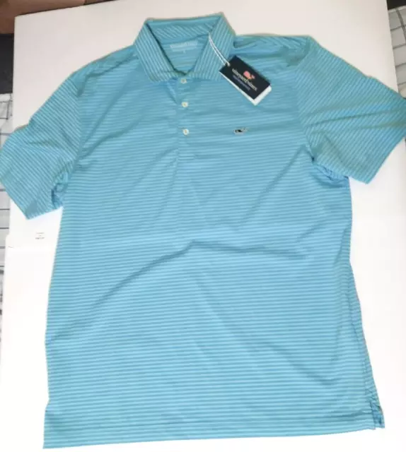 Vineyard Vines Performance L Large Kennedy Stripe Polo Shirt Turquoise Blue New