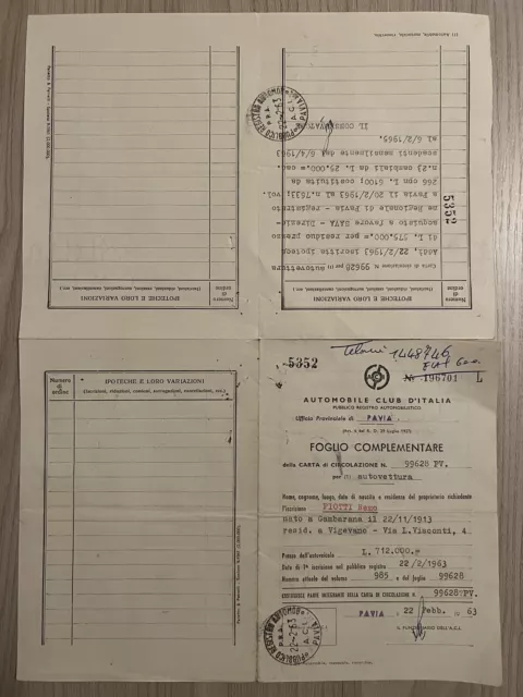 Foglio Complementare Fiat 600 del 1963 ACI Pra di Pavia Attestato Di Proprietà