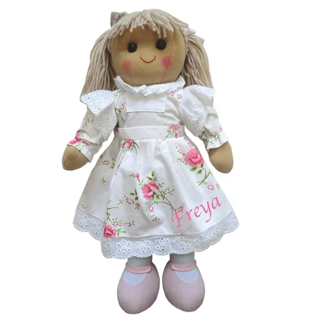 Personalised Ragdoll with white and red rose floral dress Embroidered name