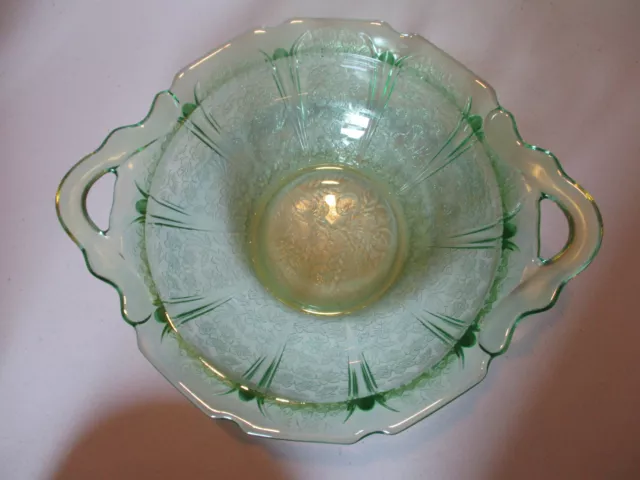 Vintage Jeannette Green Depression Glass Cherry Blossom Handled Serving Bowl!