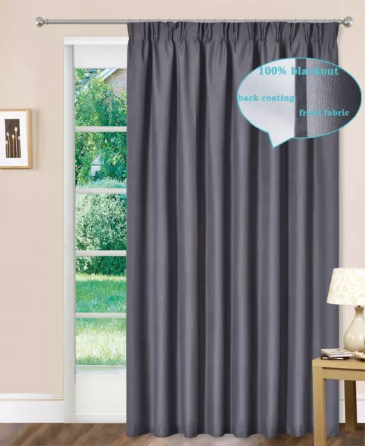 2PCS 100% Blackout Coated Blockout Pinch Pleat Curtains Thermal Dark Grey