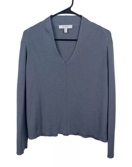 Max Mara Leisure Gray V Neck Women’s Sweater Wool Ribbed Long Sleeve