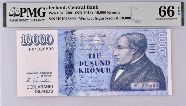 Iceland 10,000 Kronur Pick# 61 2001 (ND 2013) PMG 66 EPQ Gem Unc Banknote