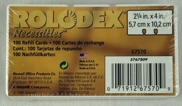 Rolodex Necessities 67570AS 2-1/4" x 4" Refill Cards 100 ct. Package NEW