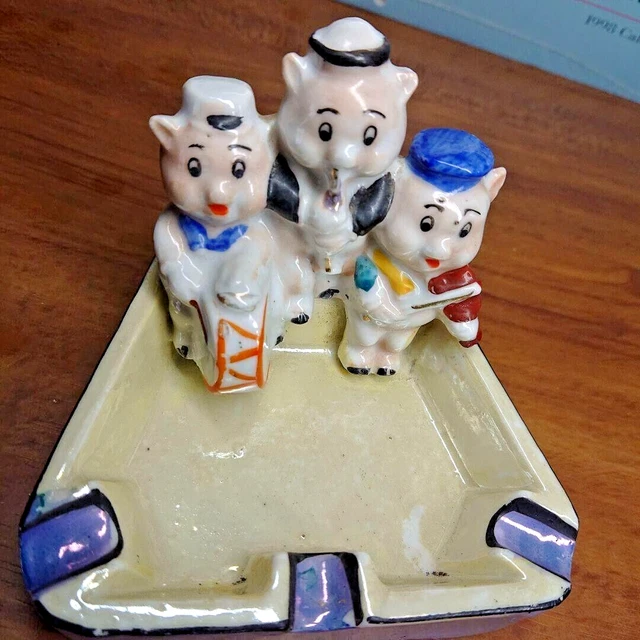 DISNEY THREE LITTLE Pigs Ceramic Ashtray 1930s Vintage Antique Made in