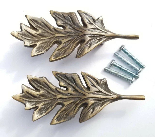 2 Unique Antique Style solid brass Oak Leaf handles 4"long #P8